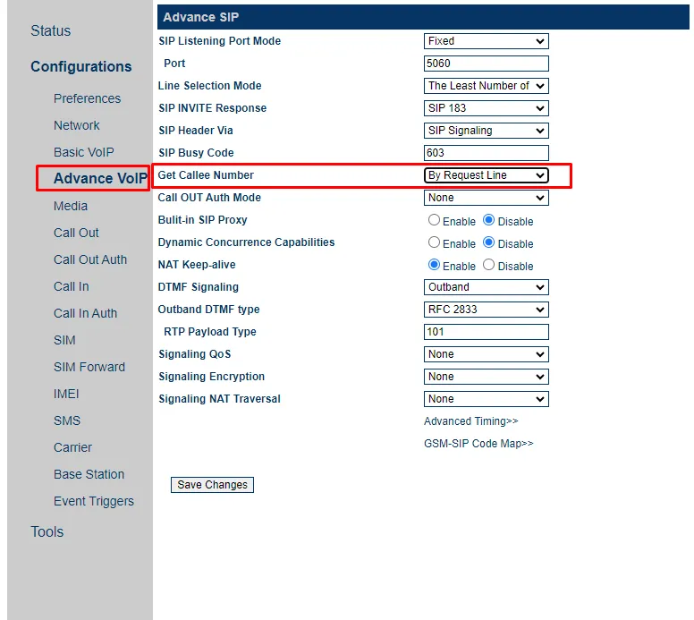 GoIP Advance VoIP settings with Get Callee Number set to By Request Line